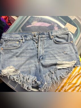 We The Free Light Blue Frayed Denim Shorts heritage somerset